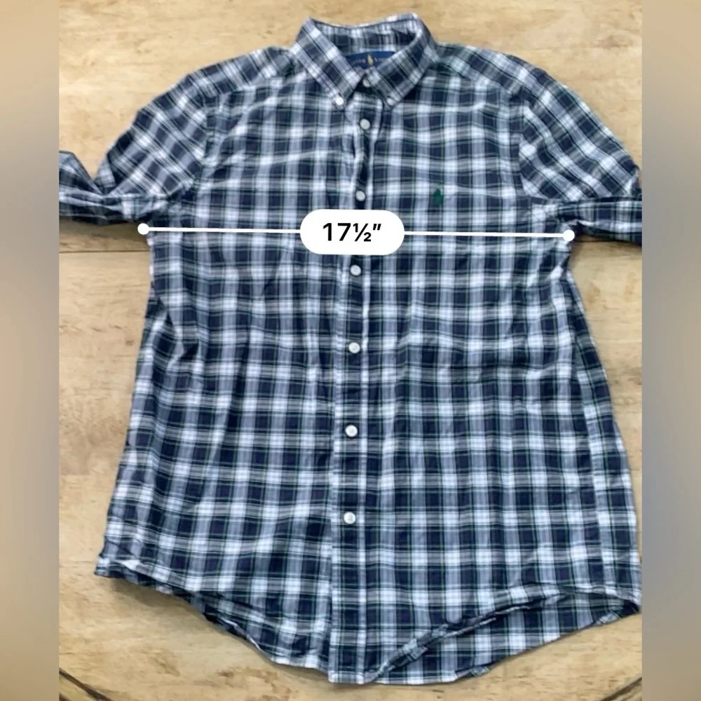 Ralph Lauren Boys’ Sz XL (18-20) Navy/Green‎ Plaid Cotton Oxford Shirt